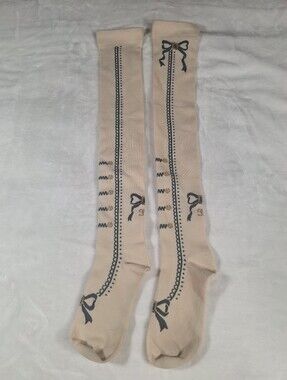 Innocent World Ivory Blue Vertical Stripe OTK Socks with Bows | Classic Lolita